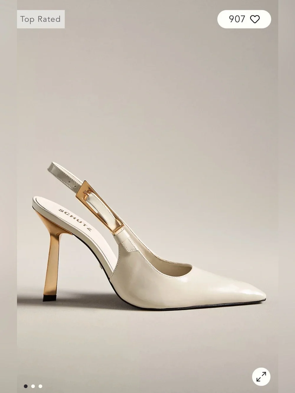 SCHUTZ Cream Pointed Slingback Heels with Gold Buckle & Gold Heel